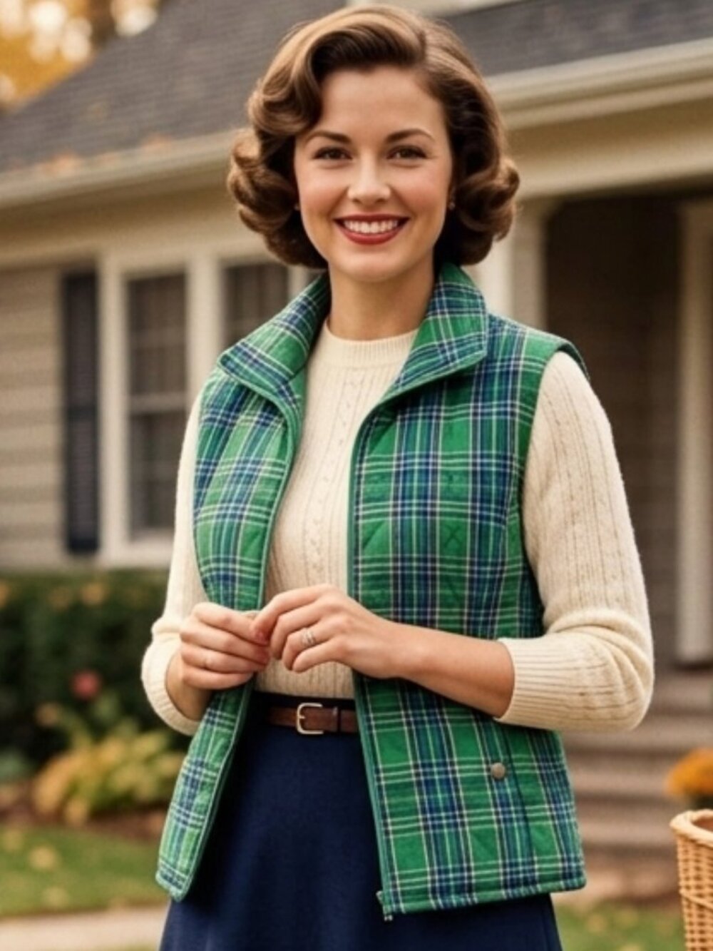 Vintage quilted green plaid XL vest